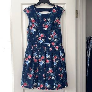 Blue Floral A-Line Dress with Open Back
